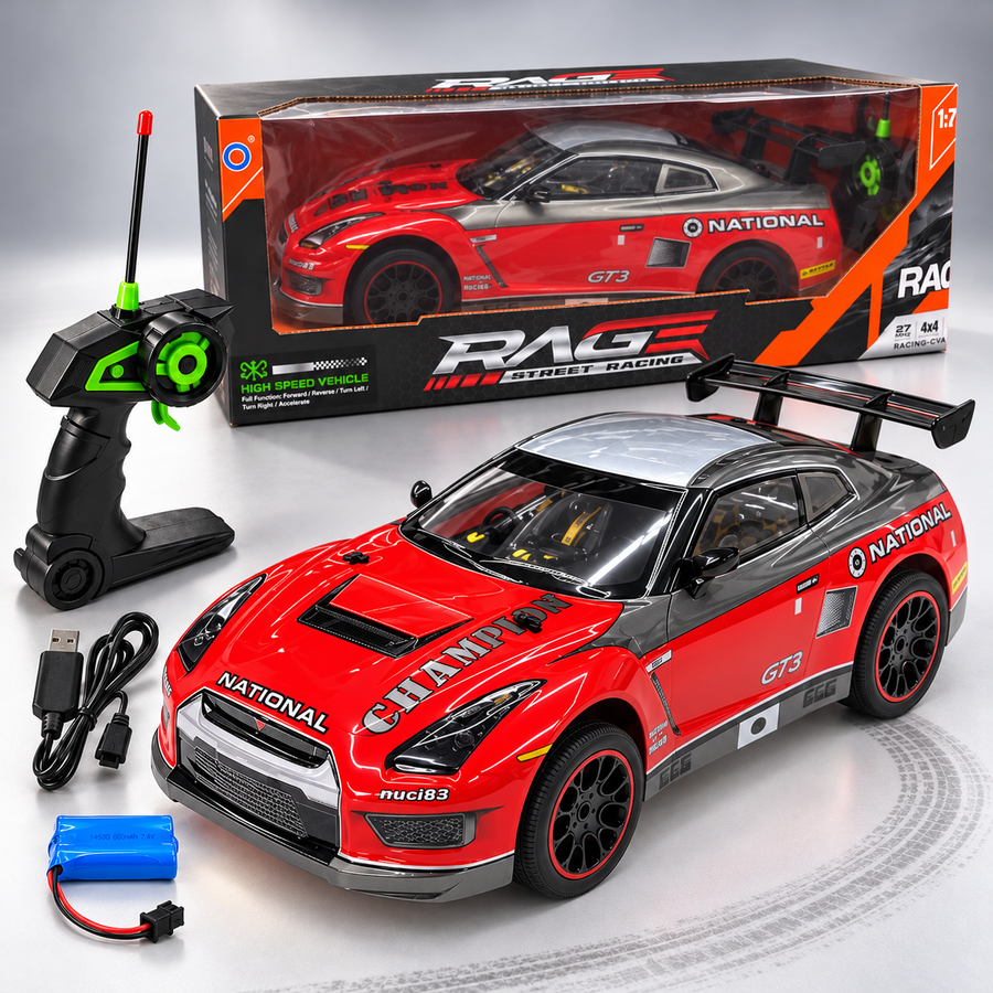 Carro RC Baby On estilo Nissan GT-R R35 rojo y gris con caja y control remoto