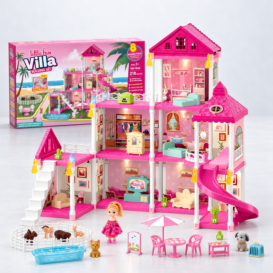 Casa de Muñecas Baby On Little Fun Villa con Luces, Tobogán y 8 Espacios
