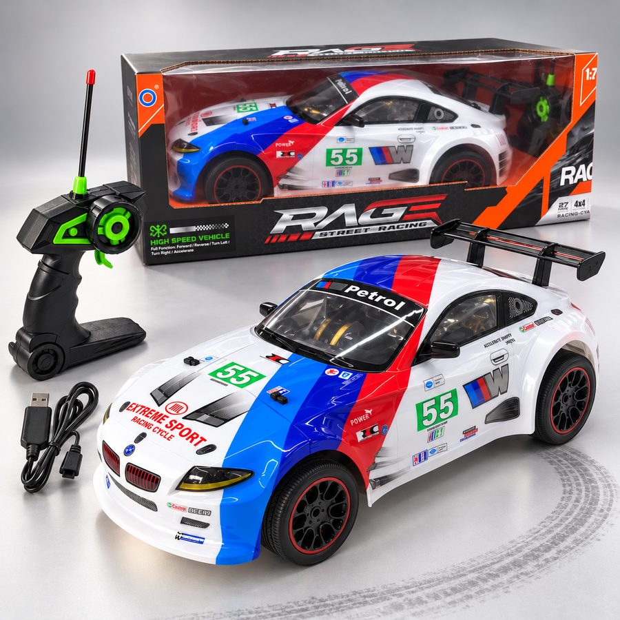 Carro RC Baby On estilo BMW M3 blanco, azul y rojo con caja y control remoto