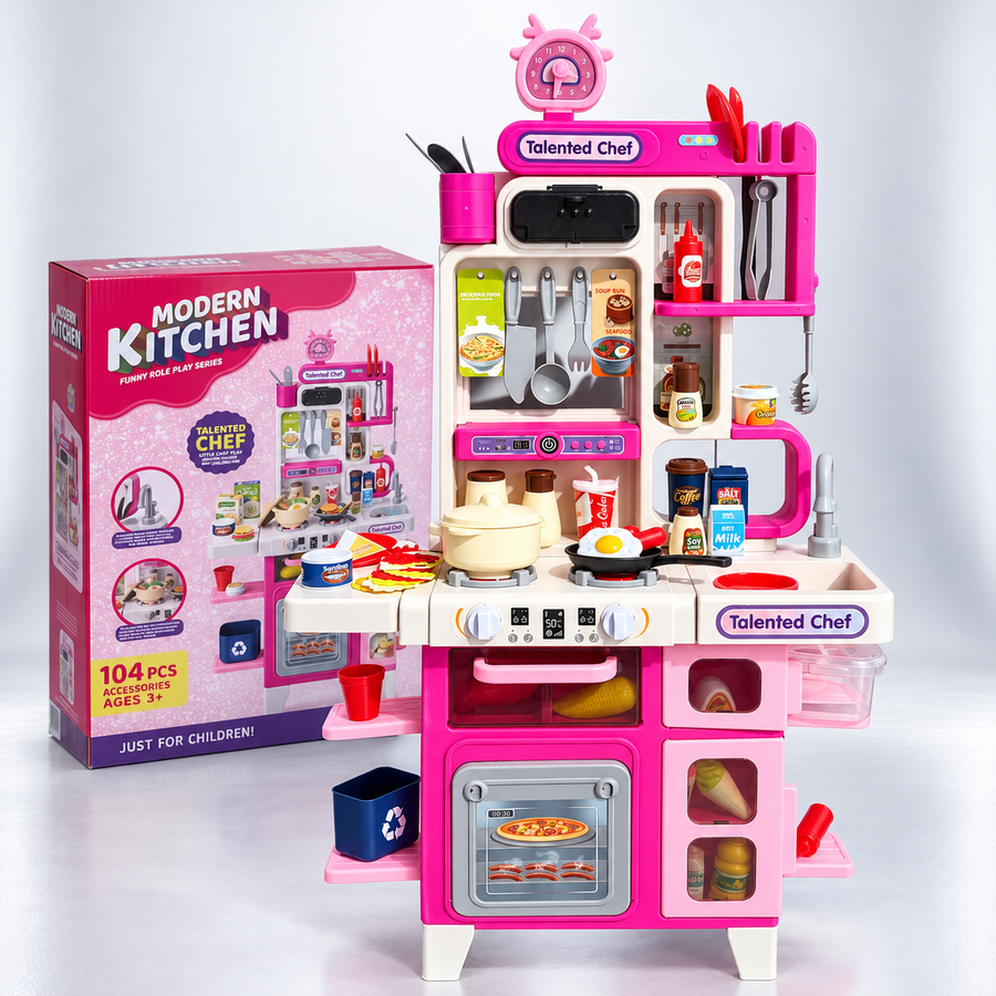 Cocina Infantil Baby On Modern Kitchen 104 Accesorios con Agua Real, Vapor, Luces y Sonido