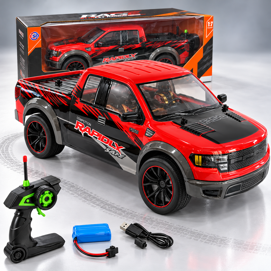 Camioneta RC Baby On estilo F-150 Raptor roja y negra con caja y control remoto