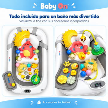 Bañera Plegable Baby On con Ducha Eléctrica Recargable + 6 Cabezales Agua + Termómetro y Accesorios